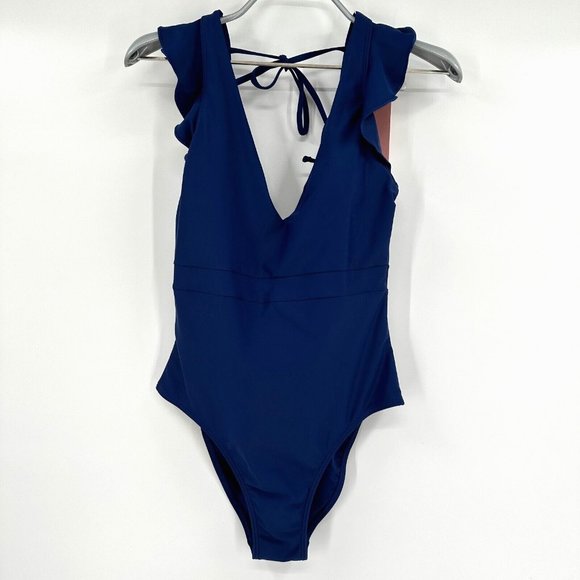 Quince Women's Italian Ruffle Shoulder One-Piece Swimsuit sz 4 S Navy Blue NWT - Picture 2 of 8
